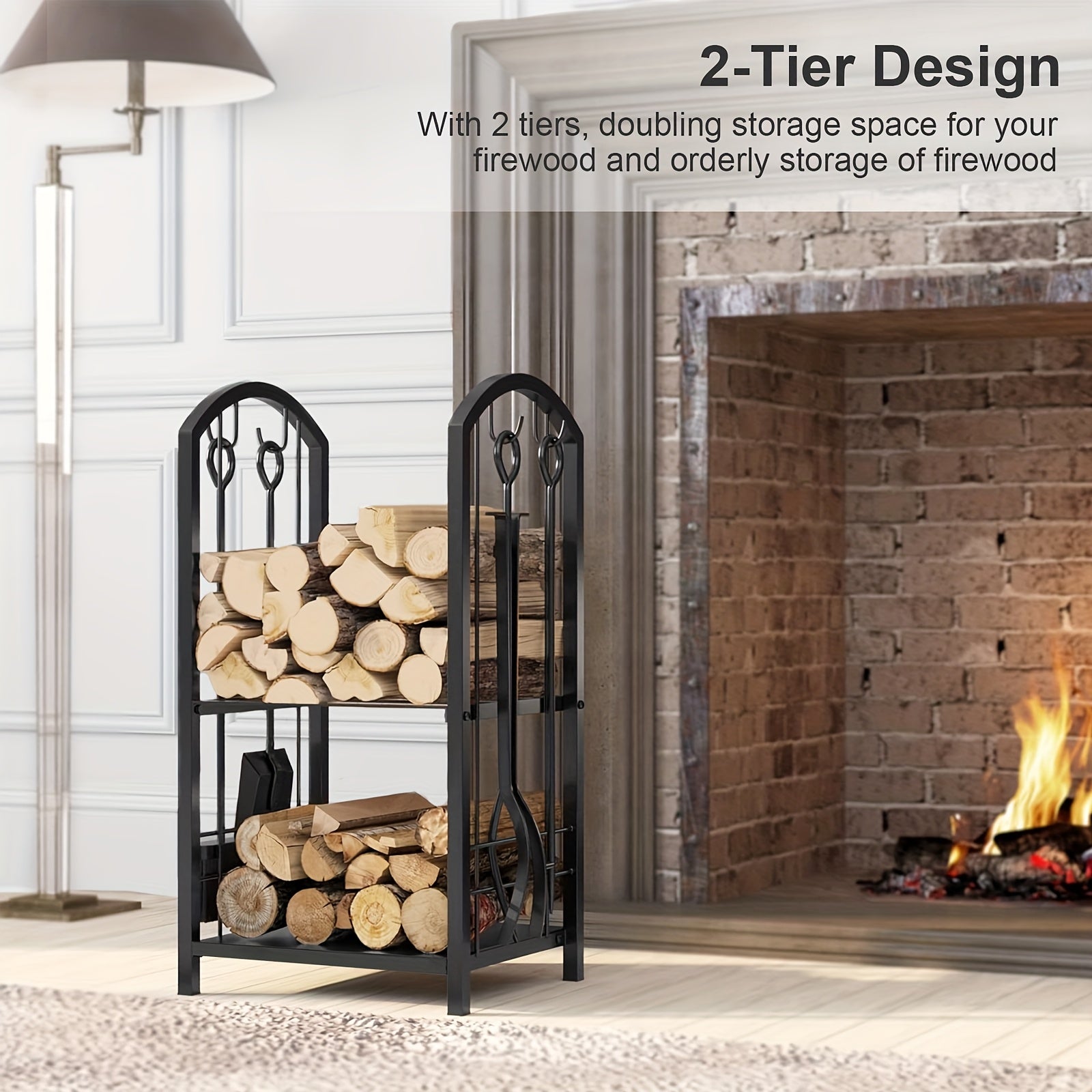 Wrought Iron Firewood Log Rack with Fireplace Tool Set by Snagg A Rack