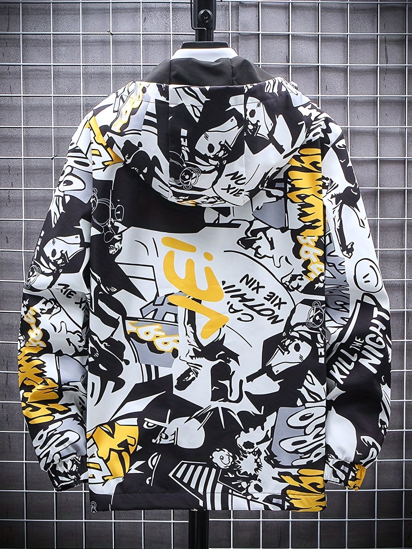 Men’s Graffiti Print Hooded Windbreaker – Mid-Length, Unisex Streetwear by Snagg A Jacket