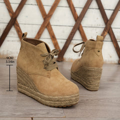 Women’s Casual Lace-Up Ankle Boots with Woven Jute Platform Heel by Snagg A Shoes