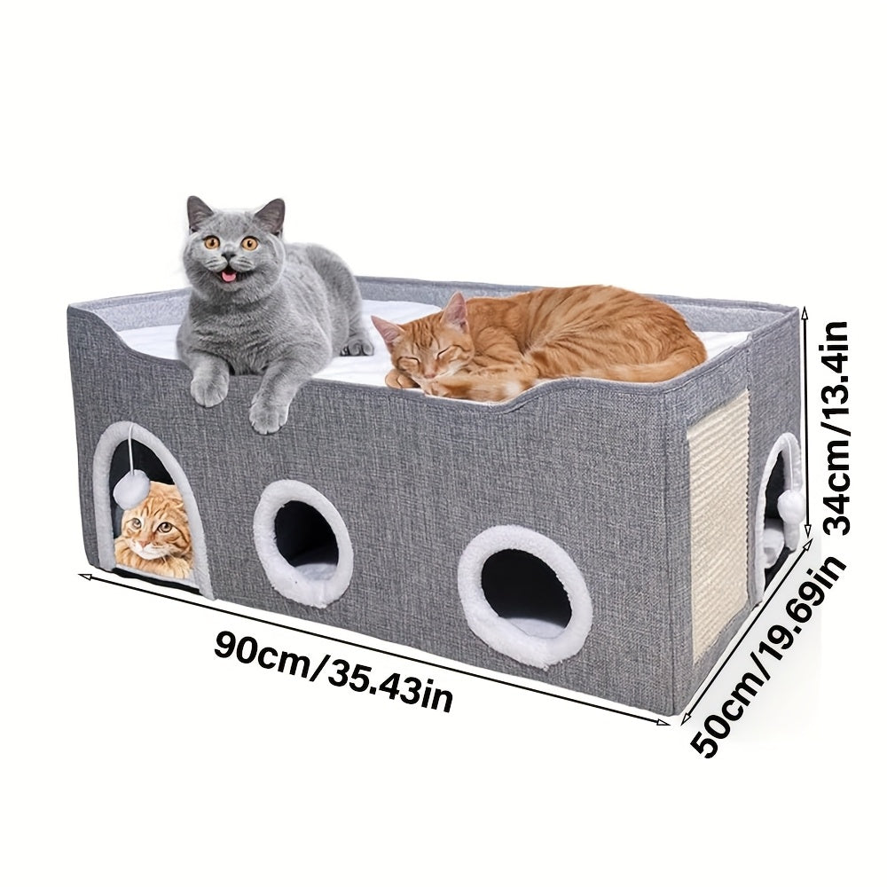 Extra-Wide Modern Cat House with Plush Ball Hammock by Snagg A Cave