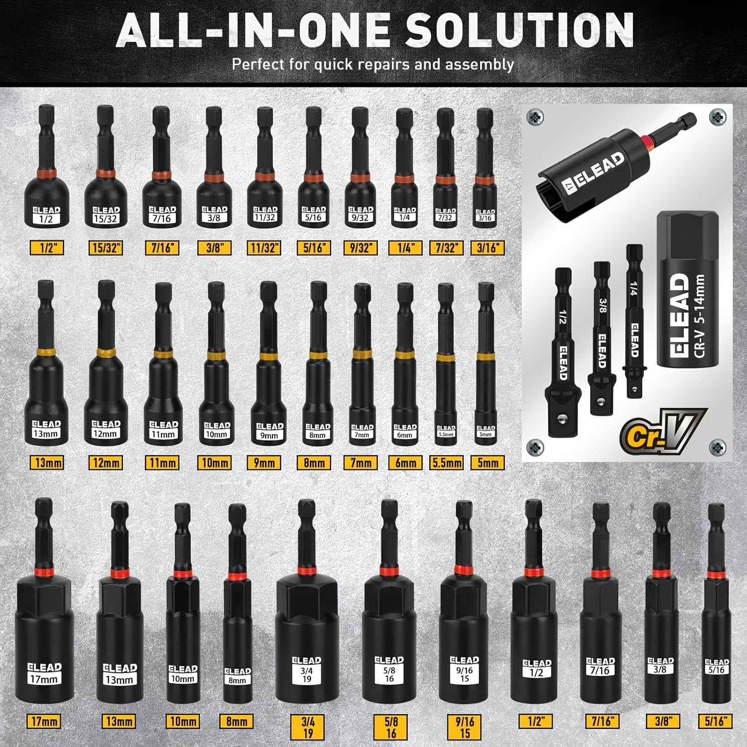 58 Pcs Magnetic Impact Nut Driver Set – Metric & SAE | Universal Socket, Magnetic Pickup Tool, Quick-Change Extension