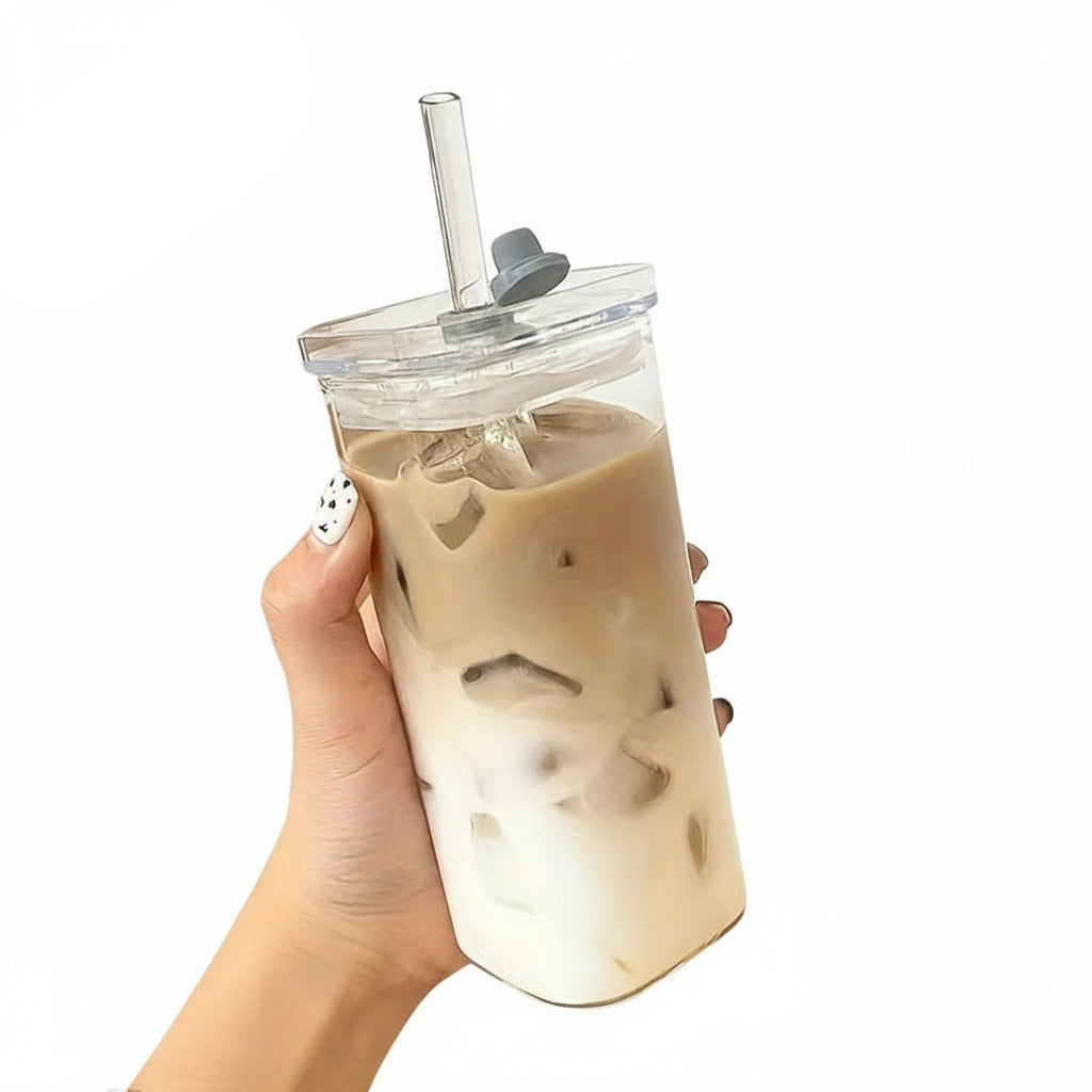 6 Pcs Square Glass Cups With Lids Set Portable Drinkware Home by Snagg A Cup