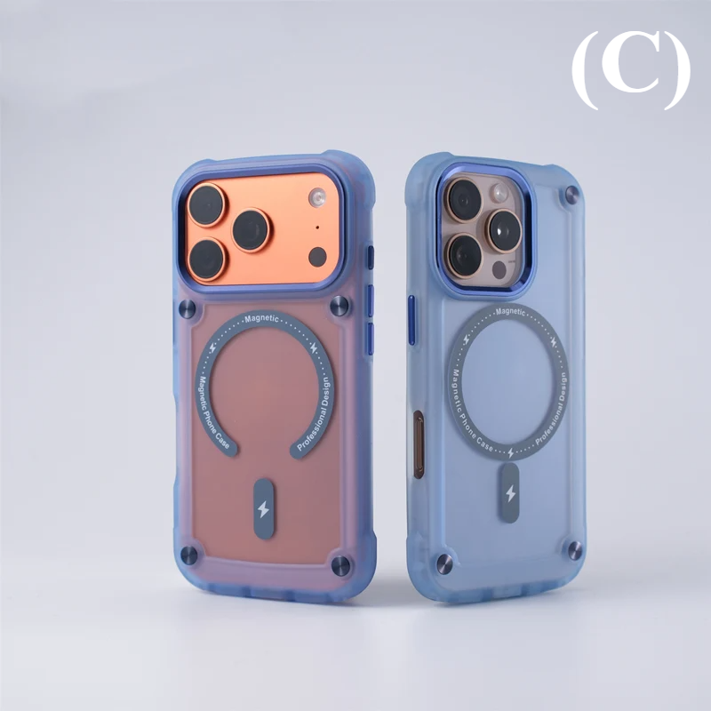 Metal Button Shockproof Magnetic Matte Translucent Case – for iPhone 17 Series - C - Blue / iPhone17 - Phone Cases &