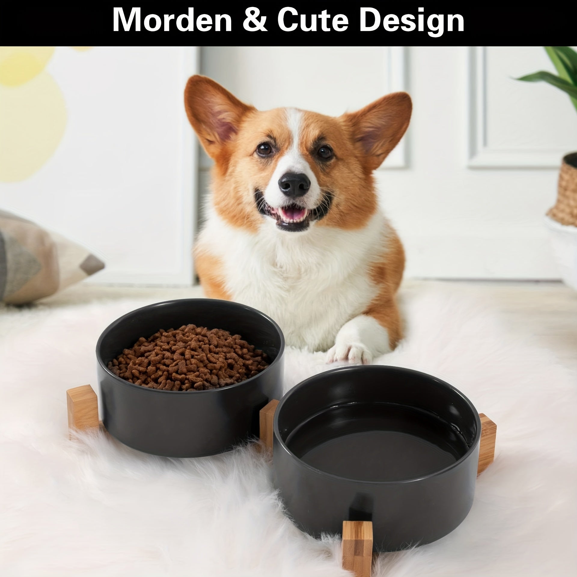 Non-Slip Ceramic Double Pet Food Bowl with Bamboo Stand by Snagg A Feeder
