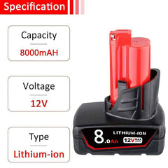 2 Pack 12 V 8.0 Ah Lithium-Ion Battery — Replacement for M12 Series Cordless Tools