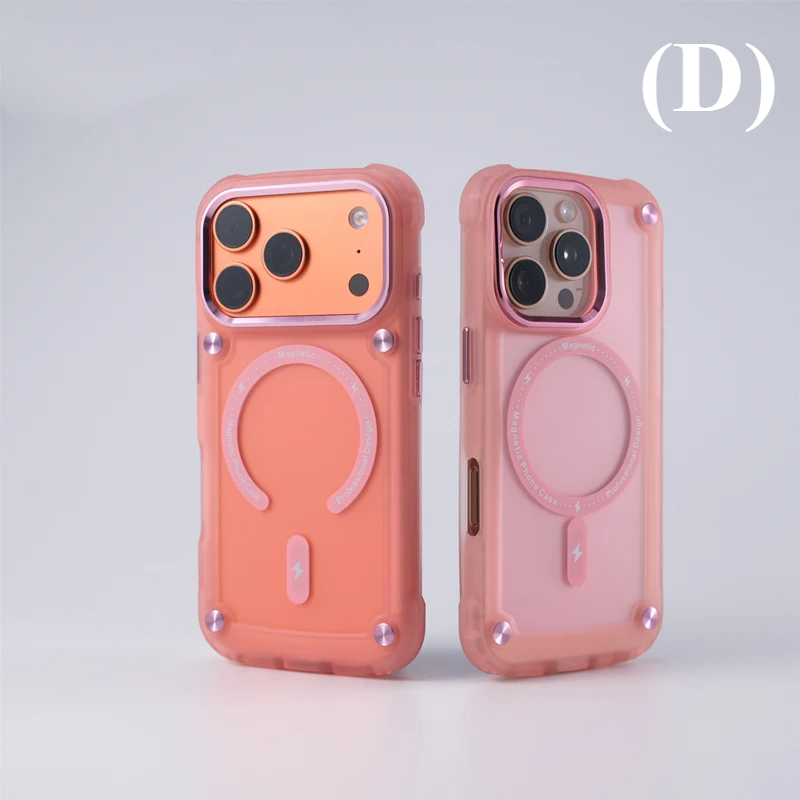 Metal Button Shockproof Magnetic Matte Translucent Case – for iPhone 14 Series - D - Pink / Plus - Phone Cases & Covers