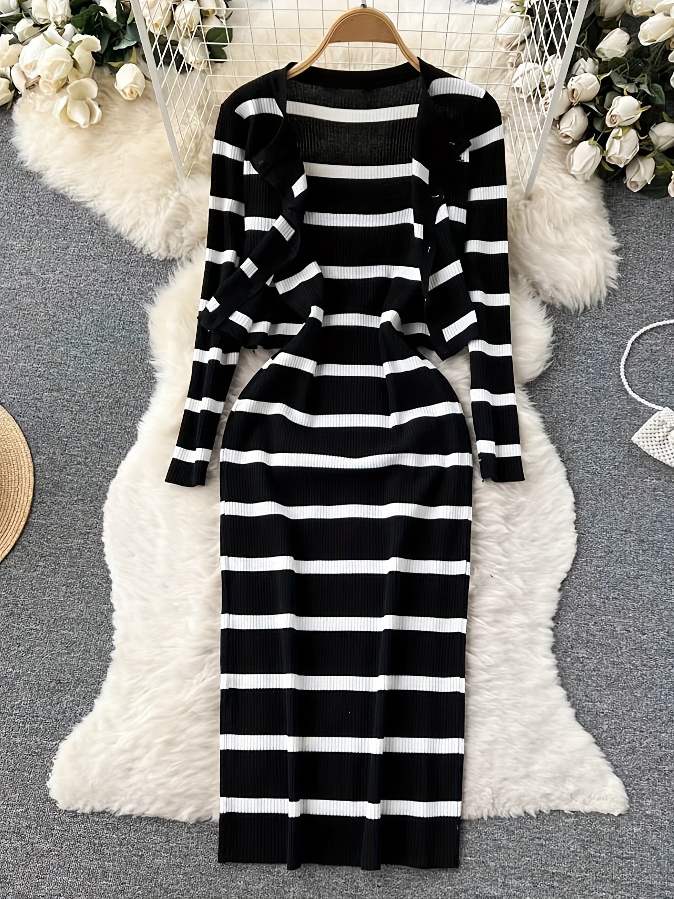 Striped Crew Neck Button-Up Sweater & Pencil Dress Set by Snagg A Dress