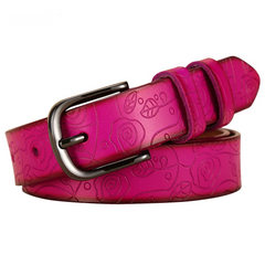 Women’s Floral Genuine Leather Belt — 28mm Rose Pattern with Metal Pin Buckle