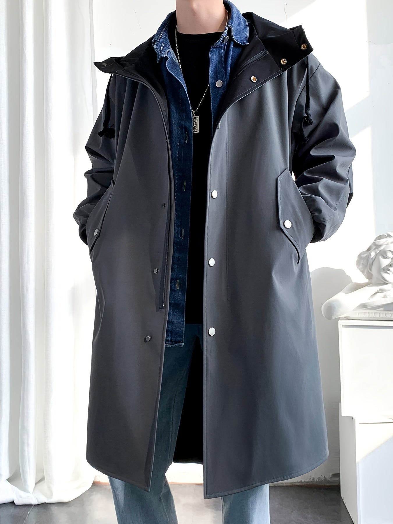 Men’s Mid-Length Beige Hooded Trench Coat by Snagg A Coat