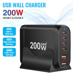 200W Ultra Fast Charging Adapter — 6 Port Power Hub (4× USB-C + 2× USB-A)