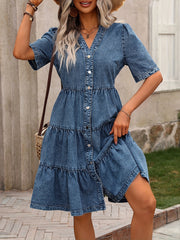 V-Neck Short Sleeve Denim Midi Dress by Snagg A Dress
