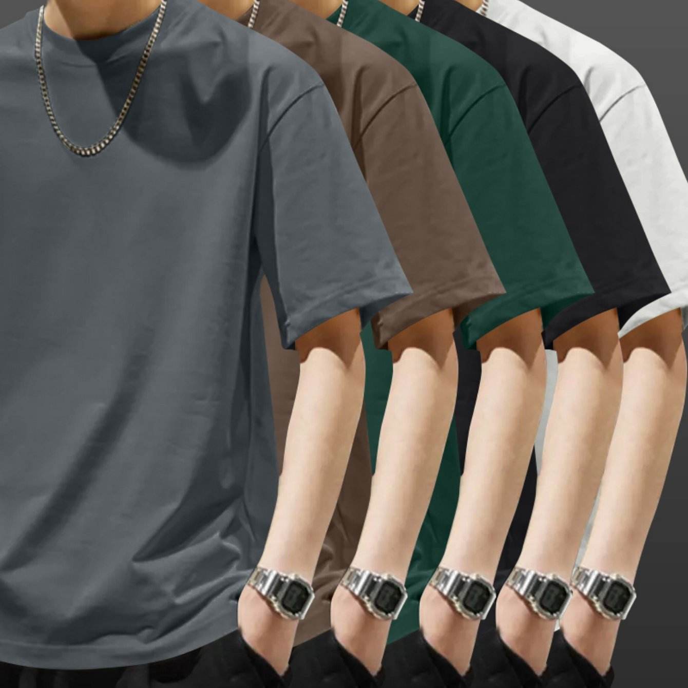 5pcs Heavyweight Men’s Cotton T-Shirts – Minimalist Solid Color Pack - SnaggIt