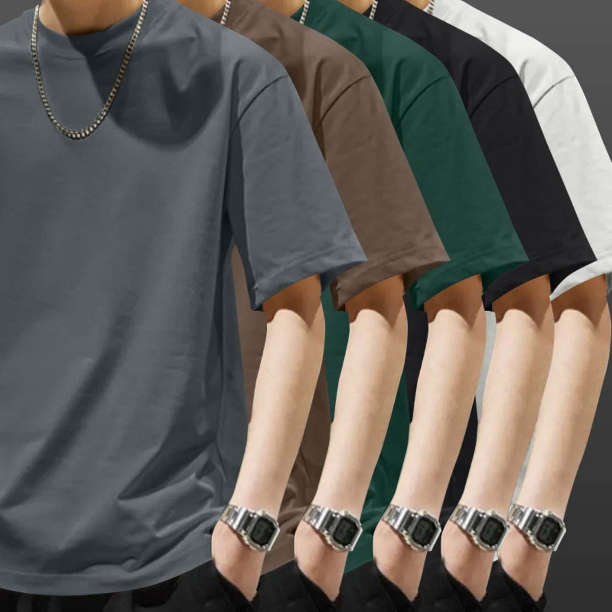 5pcs Heavyweight Men’s Cotton T-Shirts – Minimalist Solid Color Pack - SnaggIt
