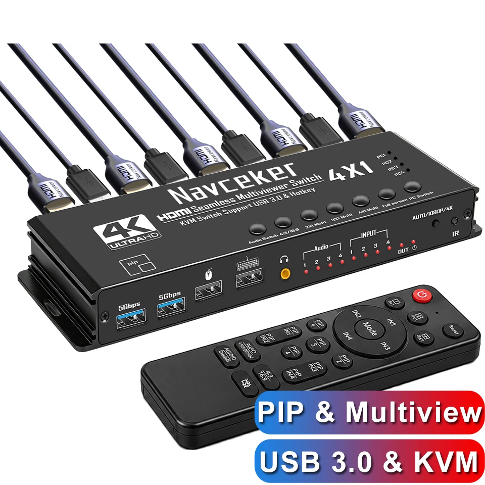 4K HDMI KVM Switch 4-in-1 Quad Multiviewer – USB 3.0, PIP, Seamless Switching, 4 PC Keyboard & Mouse Sharing