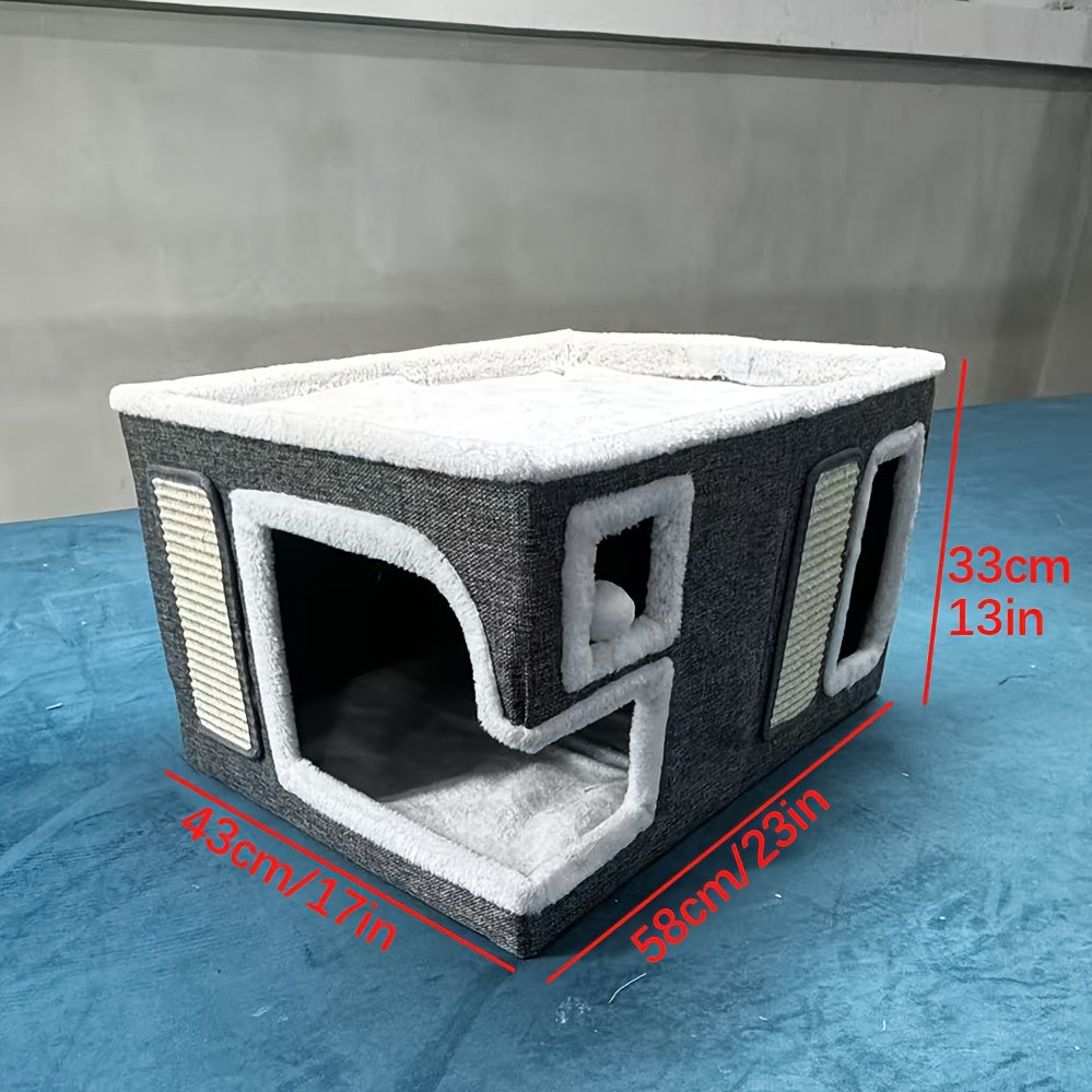 Extra-Wide Modern Cat House with Plush Ball Hammock by Snagg A Cave