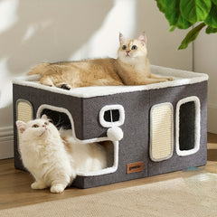 Extra-Wide Modern Cat House with Plush Ball Hammock by Snagg A Cave