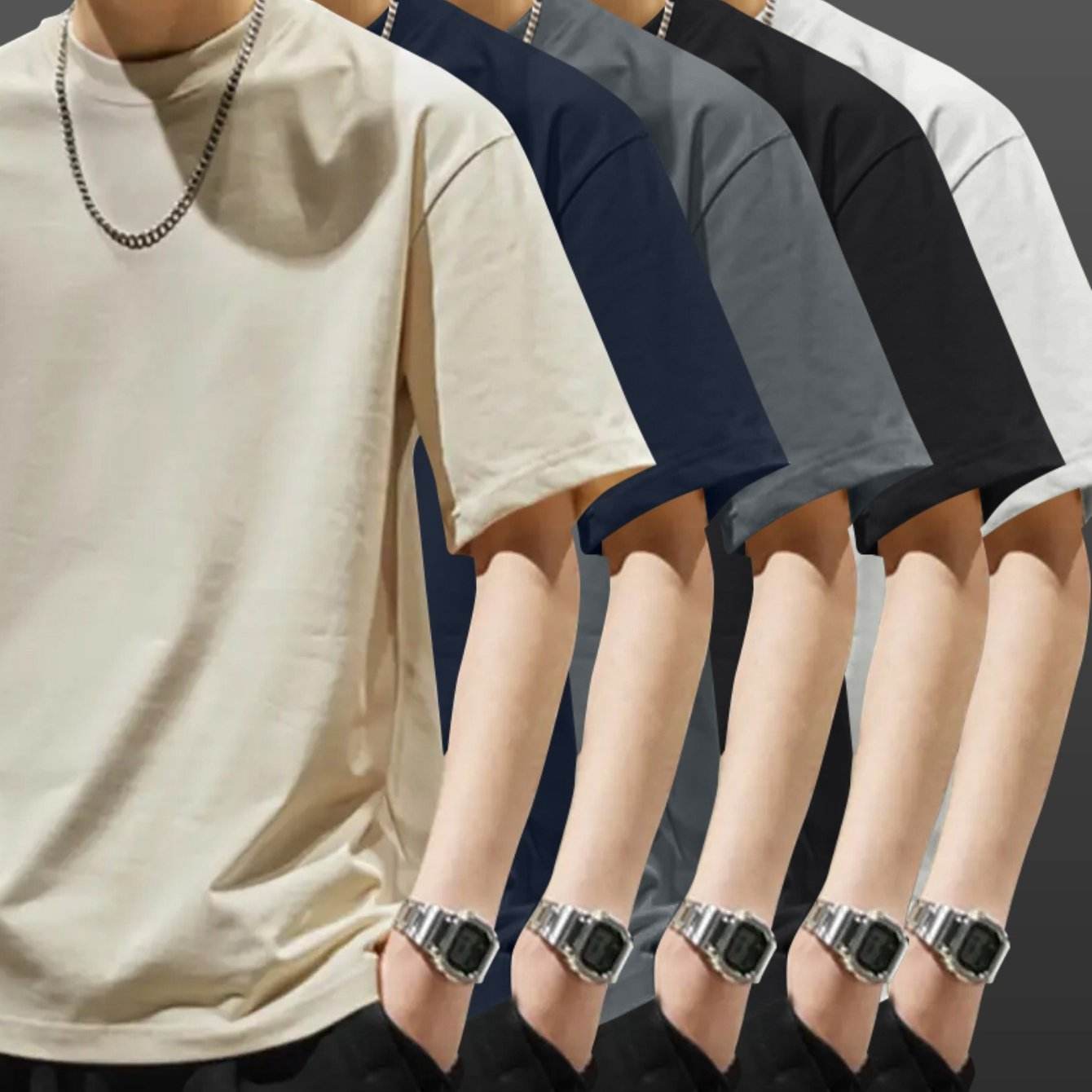 5pcs Heavyweight Men’s Cotton T-Shirts – Minimalist Solid Color Pack - SnaggIt