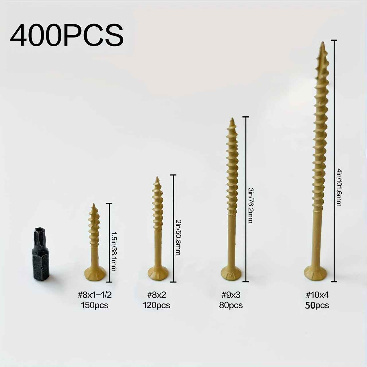 400 Pcs Deck Screw Kit — Rustproof Epoxy-Coated #8/#9/#10 Star-Drive Wood Screws with T25 Bit (1.5’’–4’’)