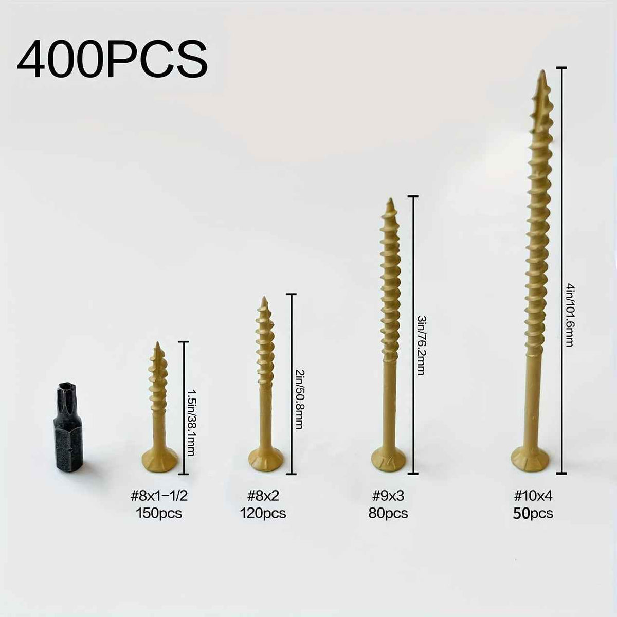 400 Pcs Deck Screw Kit — Rustproof Epoxy-Coated #8/#9/#10 Star-Drive Wood Screws with T25 Bit (1.5’’–4’’)
