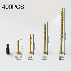 400 Pcs Deck Screw Kit — Rustproof Epoxy-Coated #8/#9/#10 Star-Drive Wood Screws with T25 Bit (1.5’’–4’’)