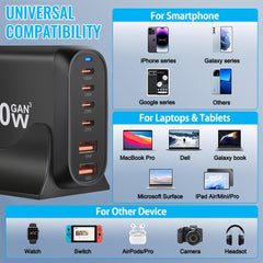 200W Ultra Fast Charging Adapter — 6 Port Power Hub (4× USB-C + 2× USB-A)