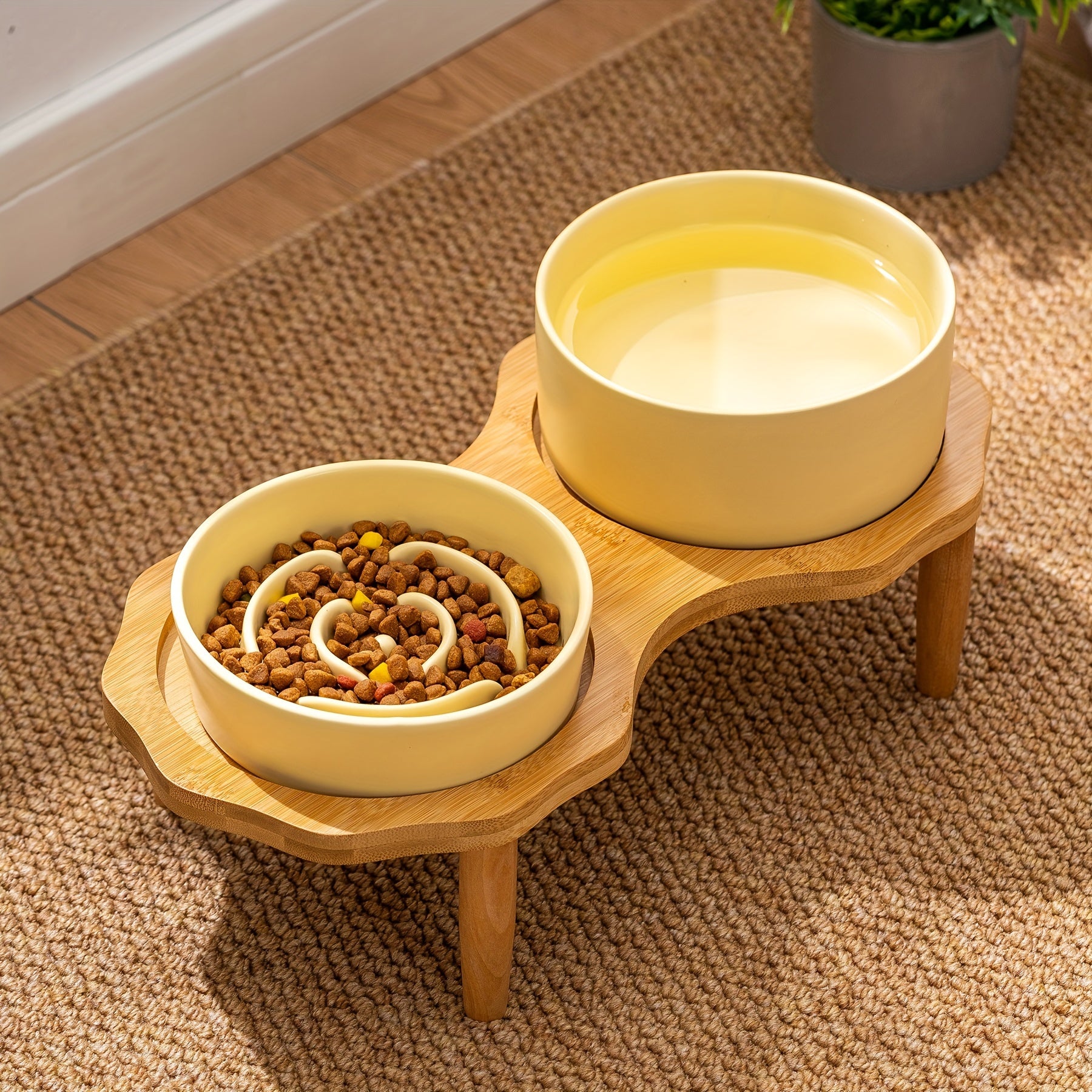 Slow Food Ceramic Cat & Dog Bowl with Elevated Wooden Stand by Snagg A Feeder