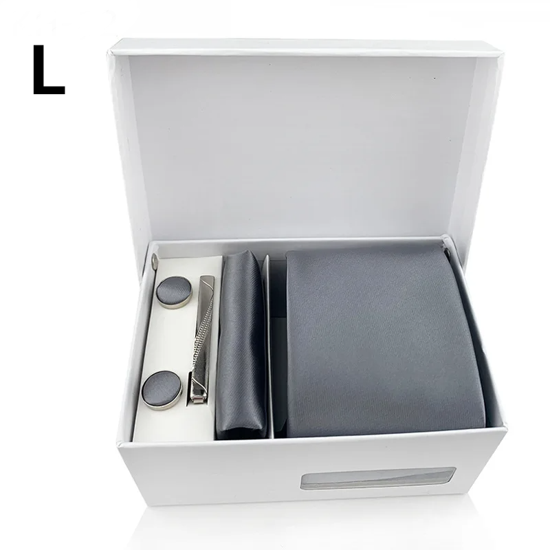 Men’s Silk Tie Gift Set — 8cm Necktie with Matching Handkerchief & Cufflinks (Formal Business Set) - L - Others