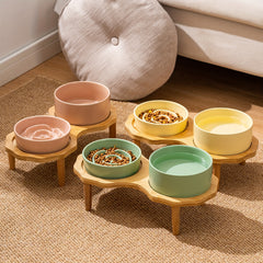 Slow Food Ceramic Cat & Dog Bowl with Elevated Wooden Stand by Snagg A Feeder