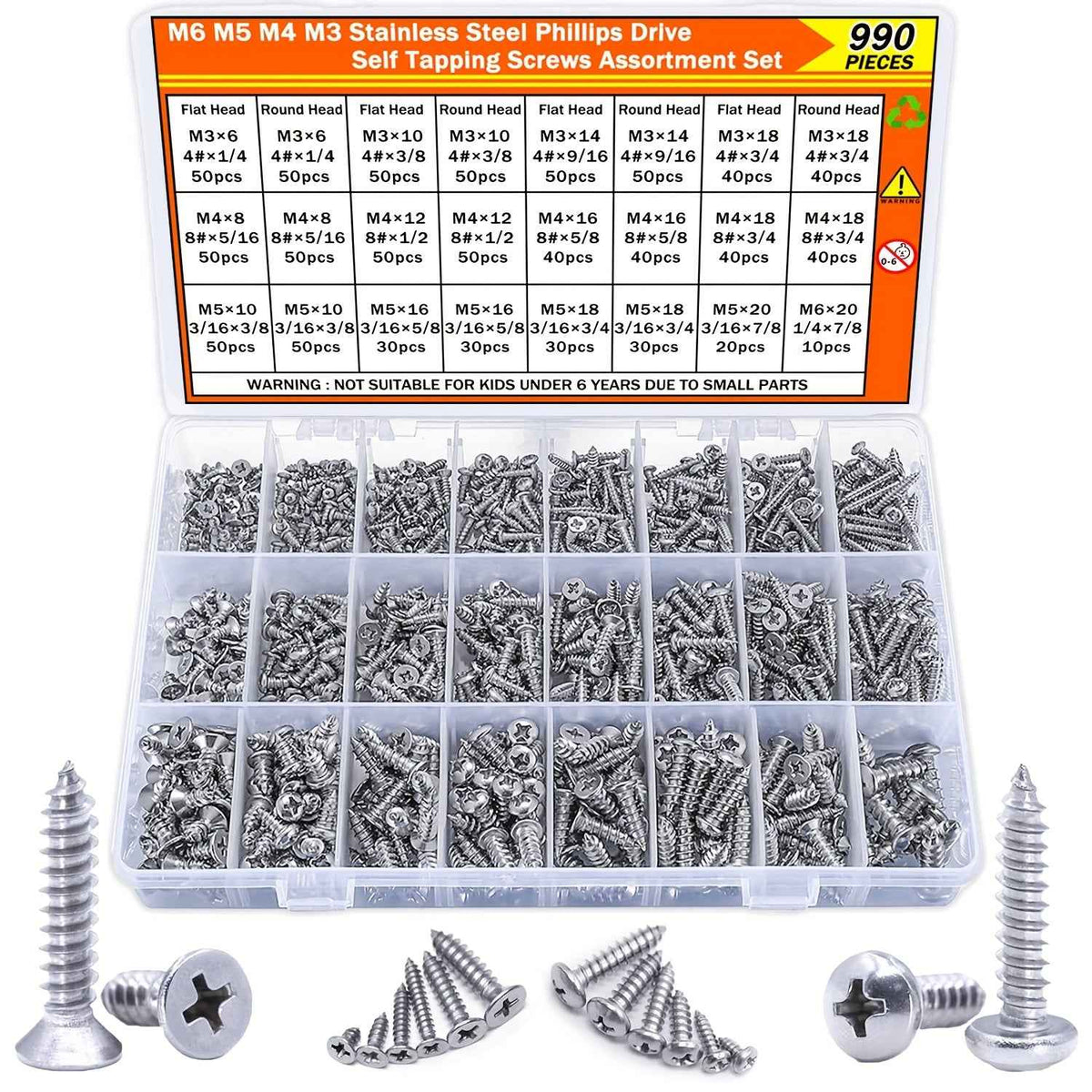 990pcs Self Tapping Screws Assortment Set M3/M4/M5/M6 - 304 stainless steel - Power Tools Gadget