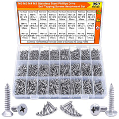 990pcs Self Tapping Screws Assortment Set M3/M4/M5/M6 - 304 stainless steel - Power Tools Gadget