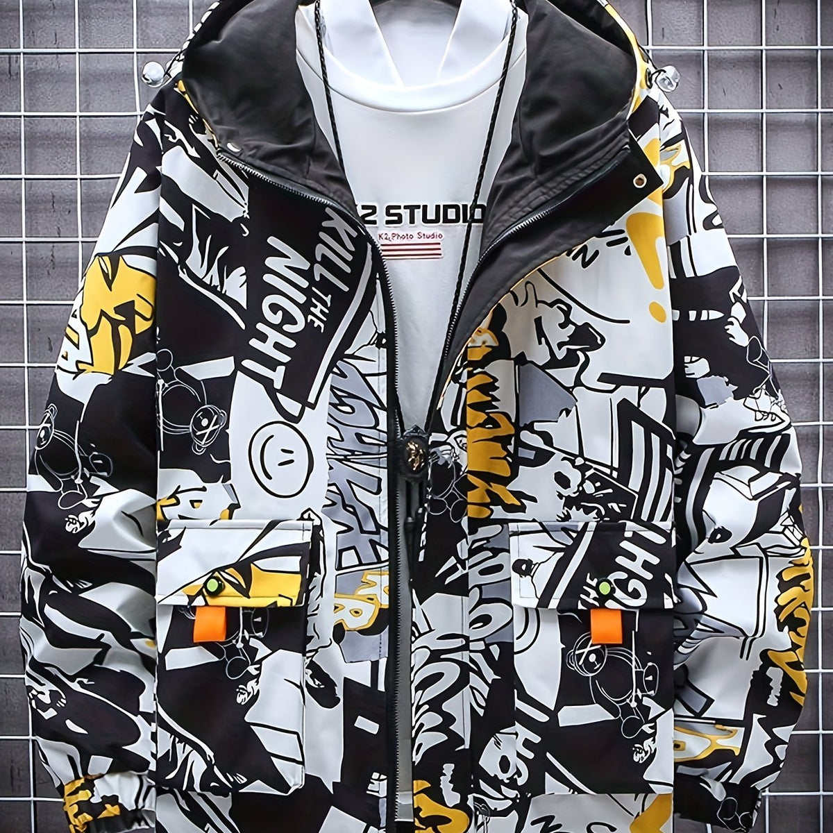 Men’s Graffiti Print Hooded Windbreaker – Mid-Length, Unisex Streetwear by Snagg A Jacket
