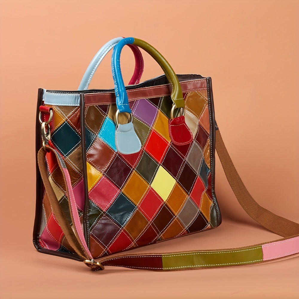Multicolor Plaid Leather Tote Bag by Snagg A Bag