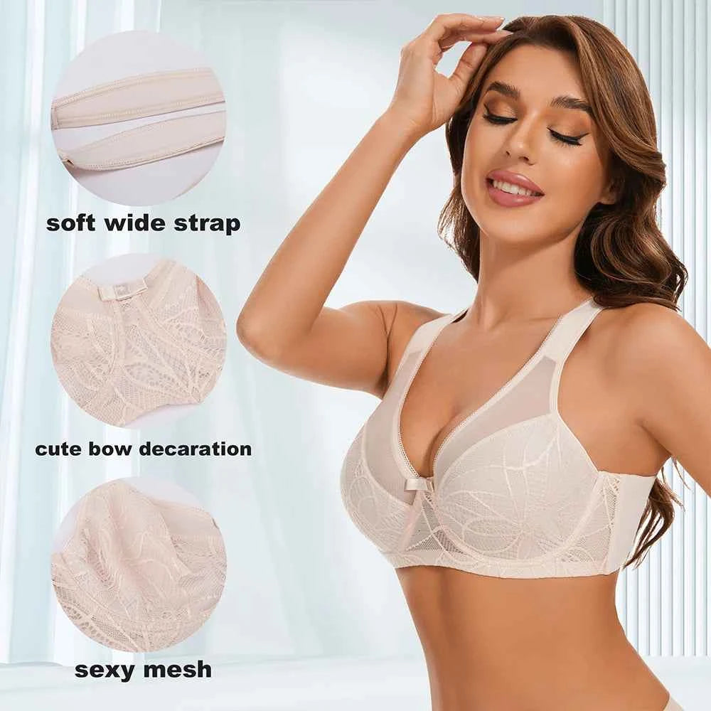 Plus Size Floral Lace Minimizer Bra | Underwire Full Coverage Push-Up Support Breathable