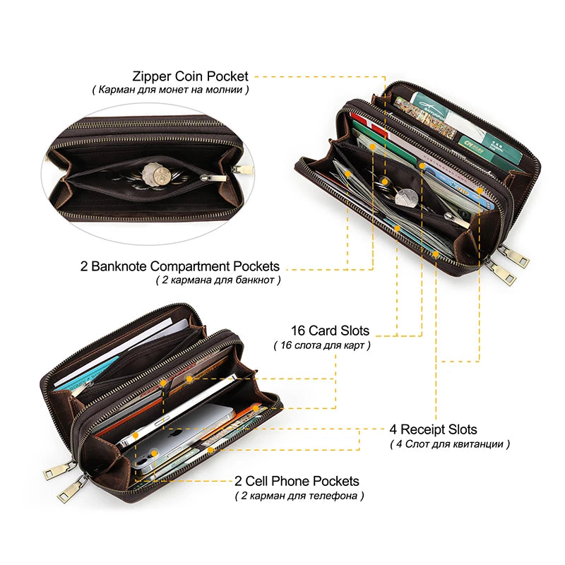 Genuine Leather Long Wallet Clutch with Double Zipper & Card Holders