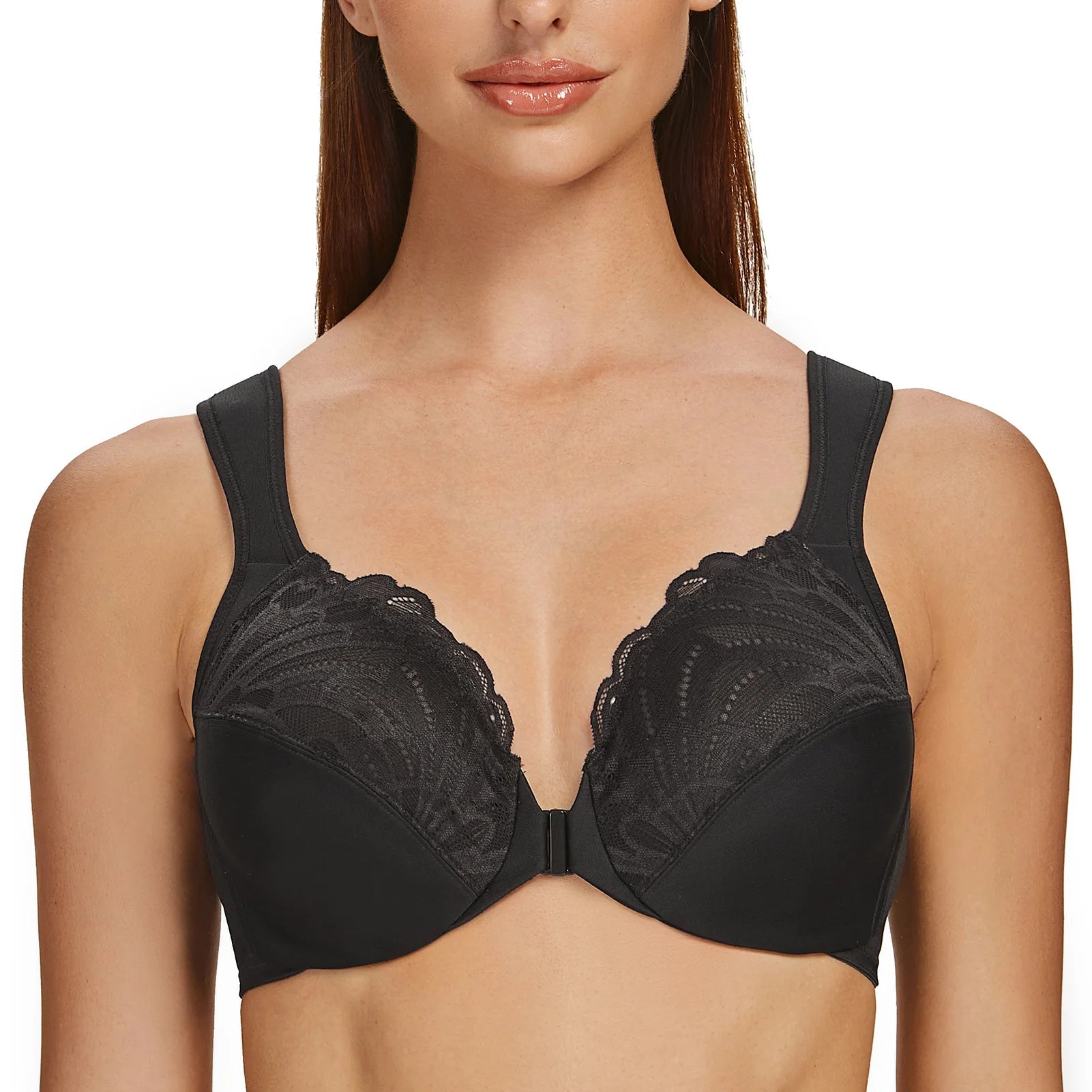 Front Closure Lace Bra | Underwire Plunge 3/4 Cup Cushion Strap