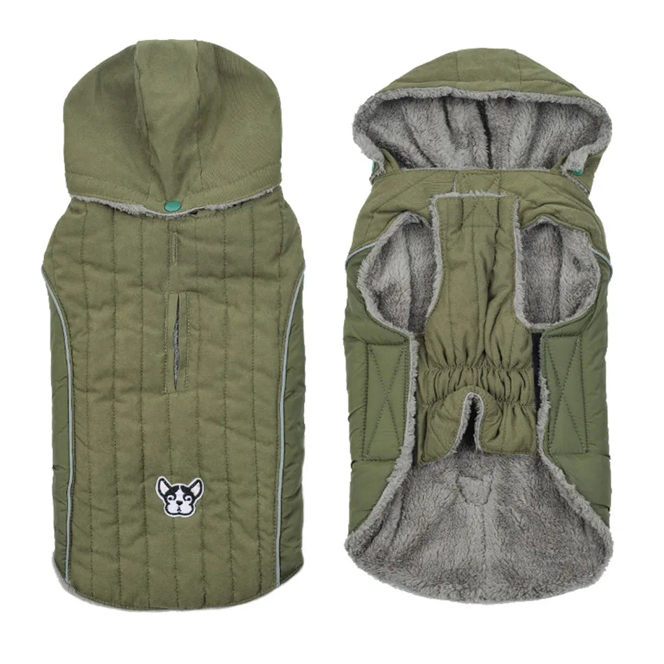 Quilted Dog Jacket with Removable Hood – Thick Fleece Winter Coat with Reflective Strips & Adjustable Belly