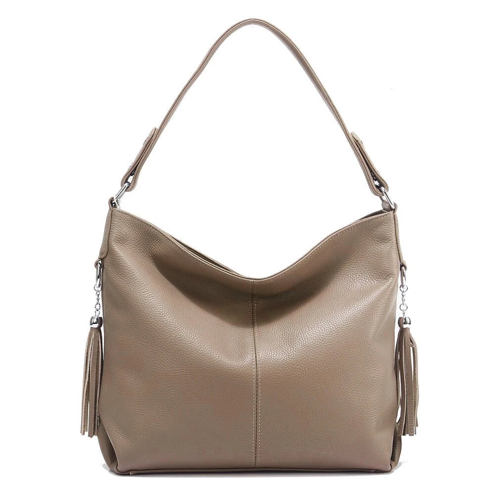 Soft Genuine Leather Tassel Hobo Bag – Elegant Women's Shoulder & Messenger Purse Satchel