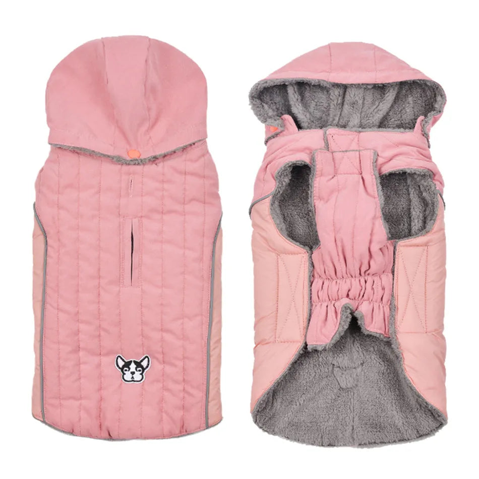 Quilted Dog Jacket with Removable Hood – Thick Fleece Winter Coat with Reflective Strips & Adjustable Belly