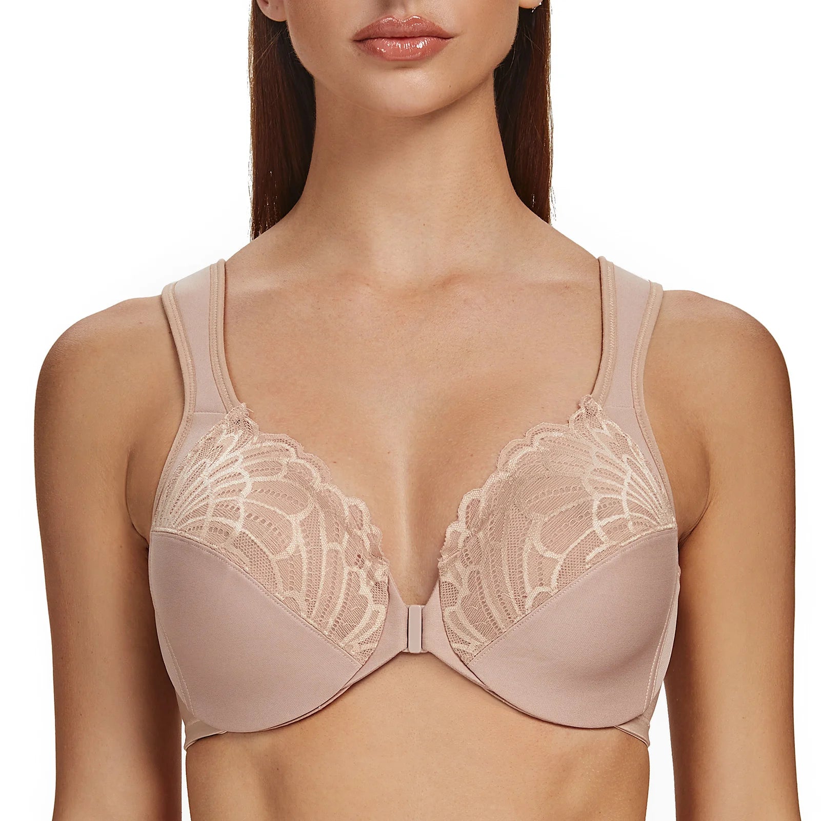 Front Closure Lace Bra | Underwire Plunge 3/4 Cup Cushion Strap