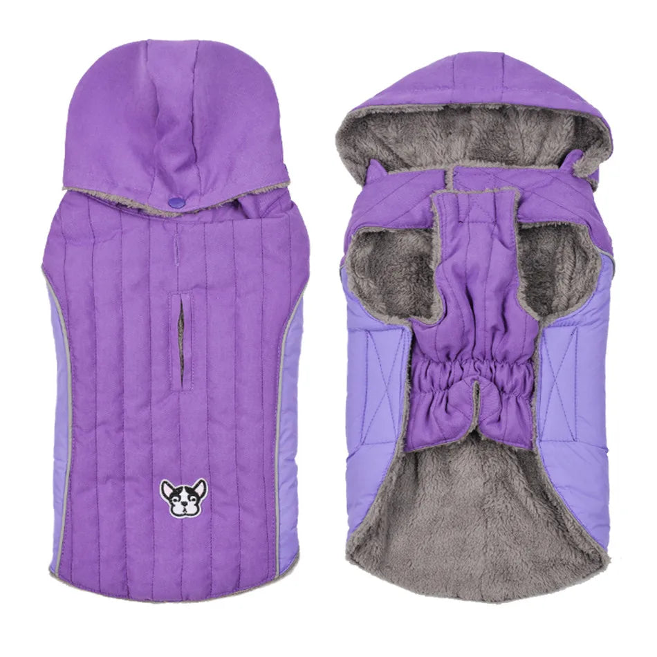 Quilted Dog Jacket with Removable Hood – Thick Fleece Winter Coat with Reflective Strips & Adjustable Belly