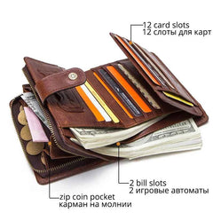 Genuine Leather RFID Short Wallet with Coin Pocket & Card Holders