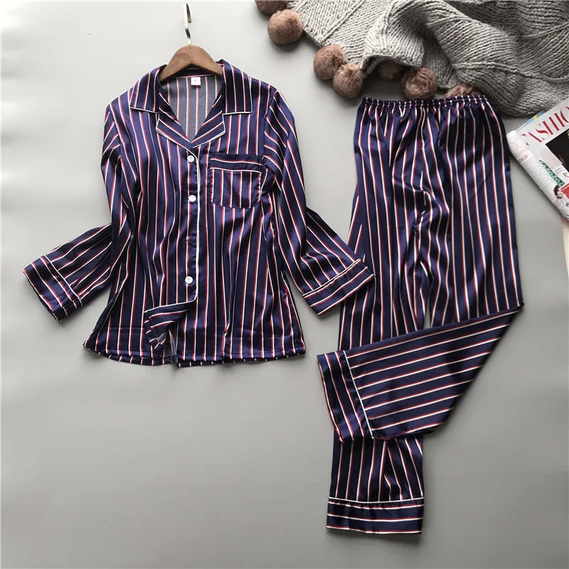 Women's Vertical Stripe Pajama Set | Loose Leisure Long Sleeve Spring Loungewear