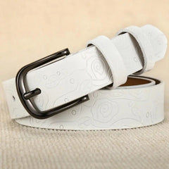 Women’s Floral Genuine Leather Belt — 28mm Rose Pattern with Metal Pin Buckle
