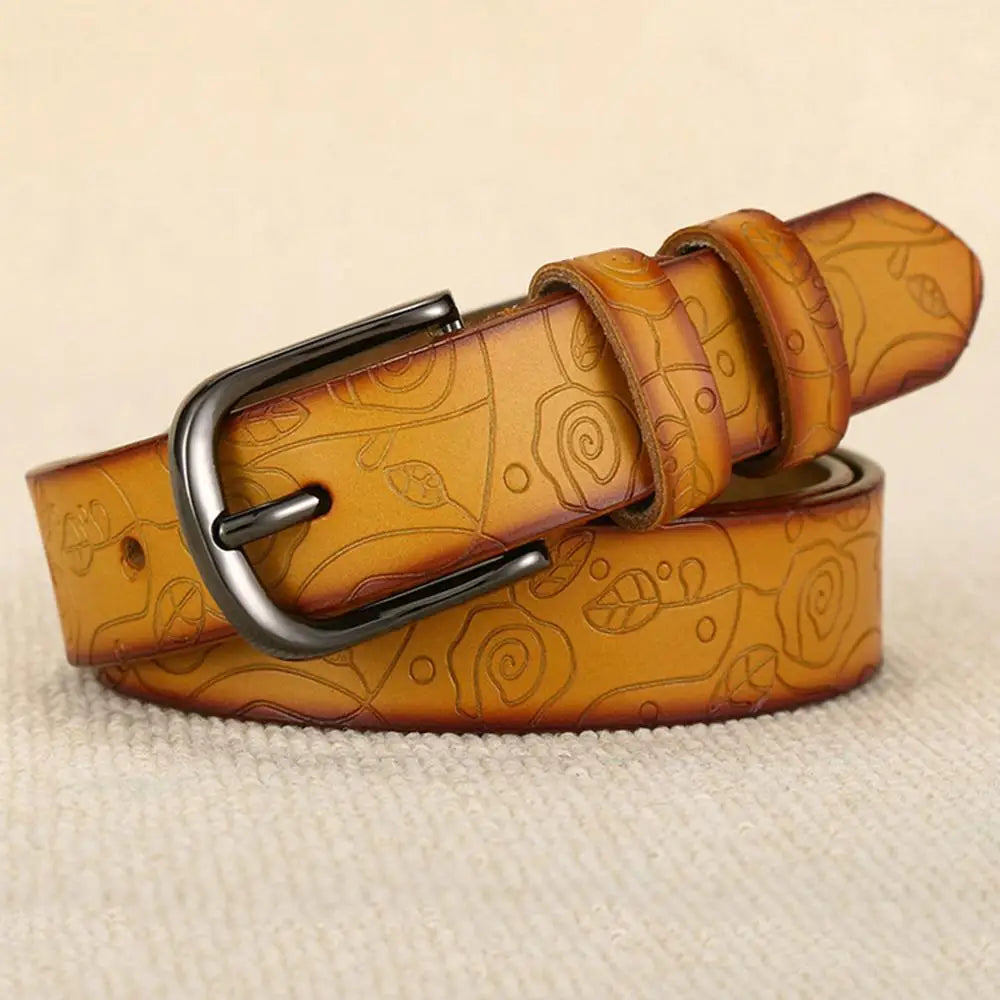 Women’s Floral Genuine Leather Belt — 28mm Rose Pattern with Metal Pin Buckle