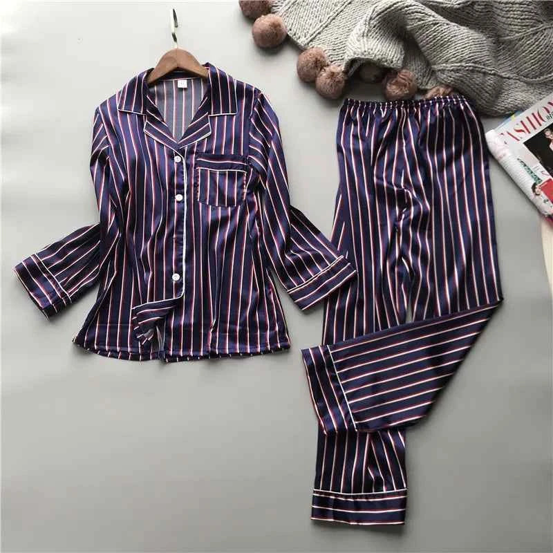 Women's Vertical Stripe Pajama Set | Loose Leisure Long Sleeve Spring Loungewear