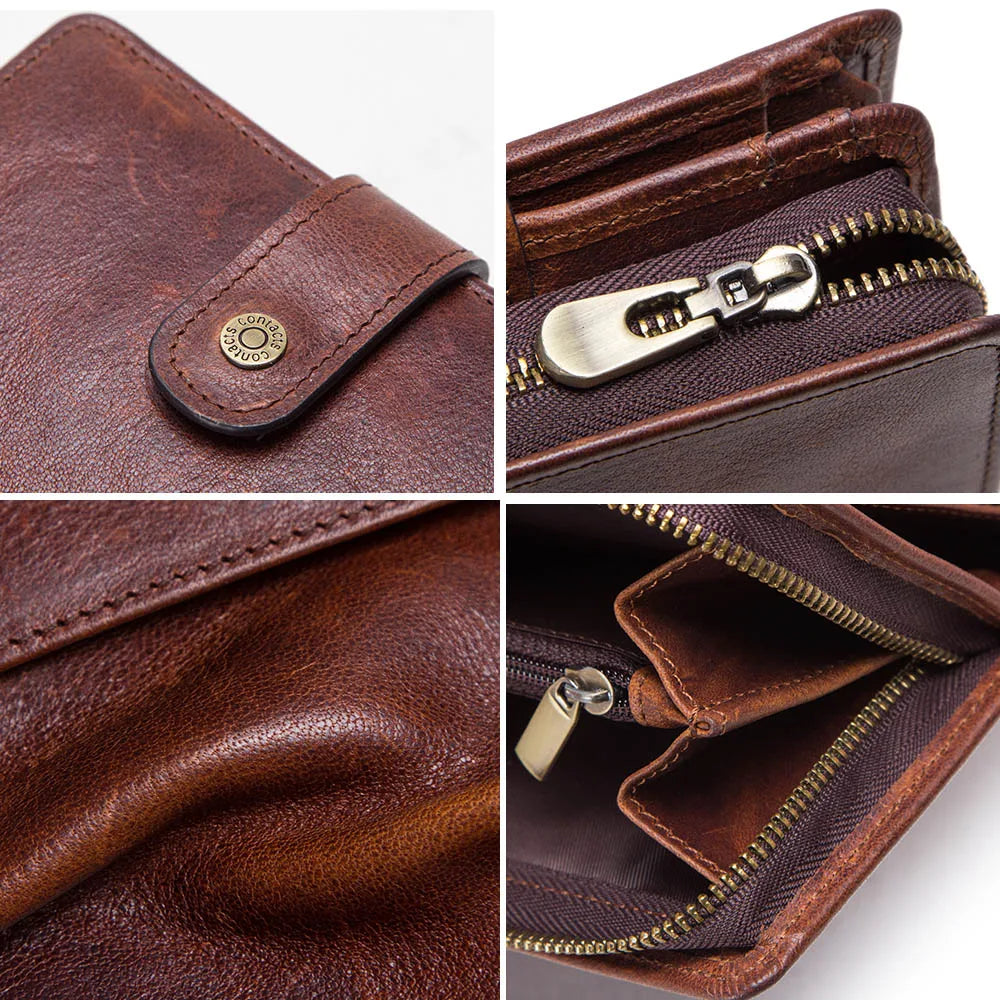 Genuine Leather RFID Short Wallet with Coin Pocket & Card Holders