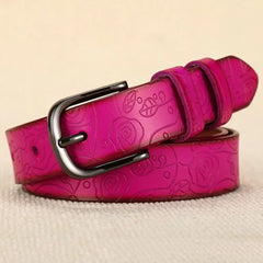 Women’s Floral Genuine Leather Belt — 28mm Rose Pattern with Metal Pin Buckle
