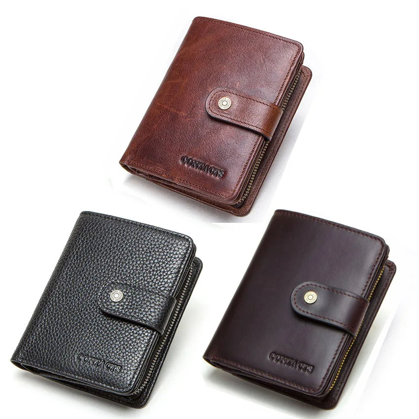 Genuine Leather RFID Short Wallet with Coin Pocket & Card Holders