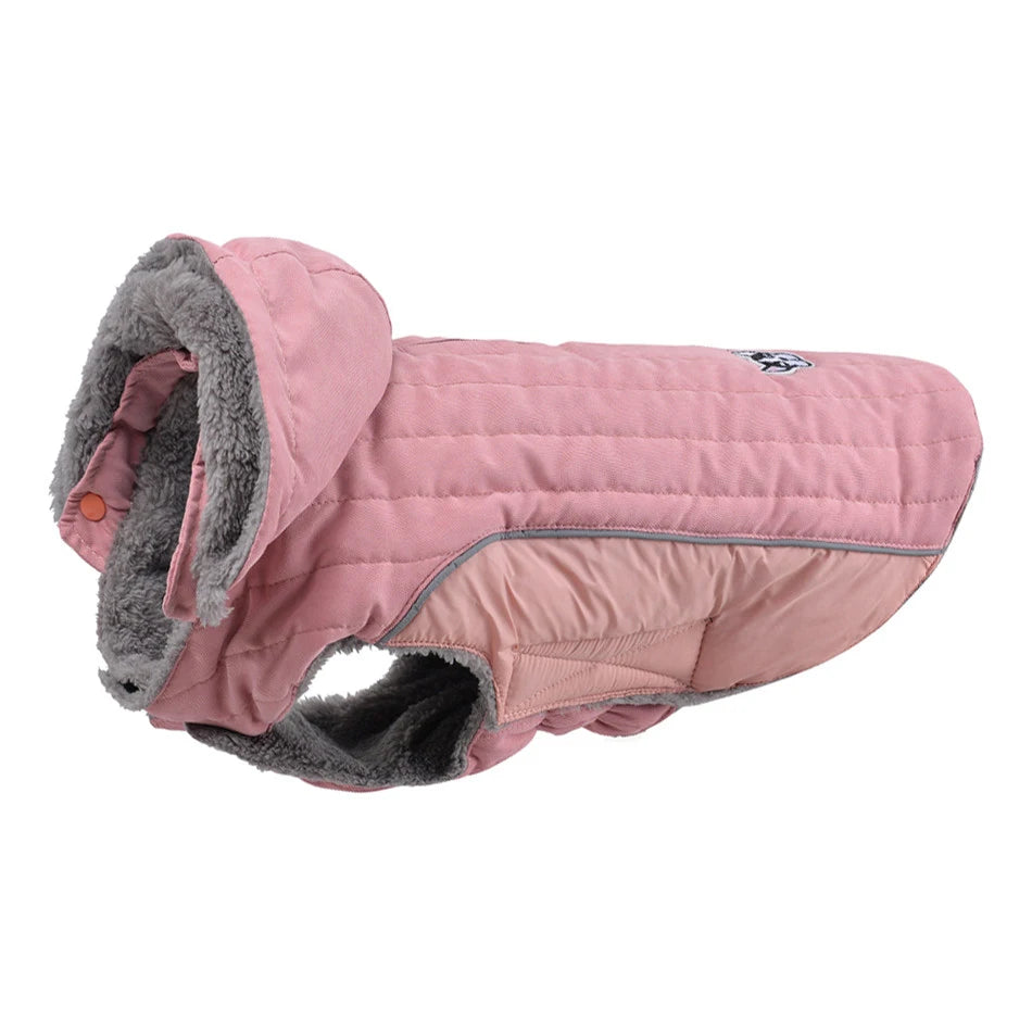 Quilted Dog Jacket with Removable Hood – Thick Fleece Winter Coat with Reflective Strips & Adjustable Belly