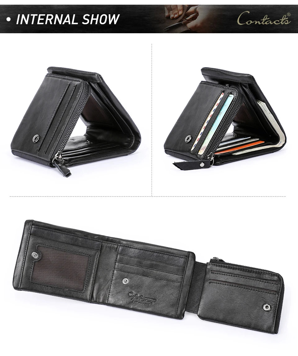 Crazy Horse Cowhide Leather Trifold Wallet with Zip Coin Pocket